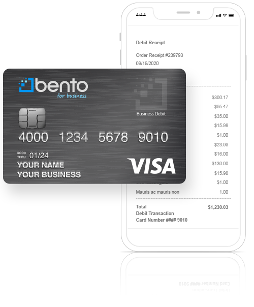 Bento physical cards along with receipt capture user interface on the mobile