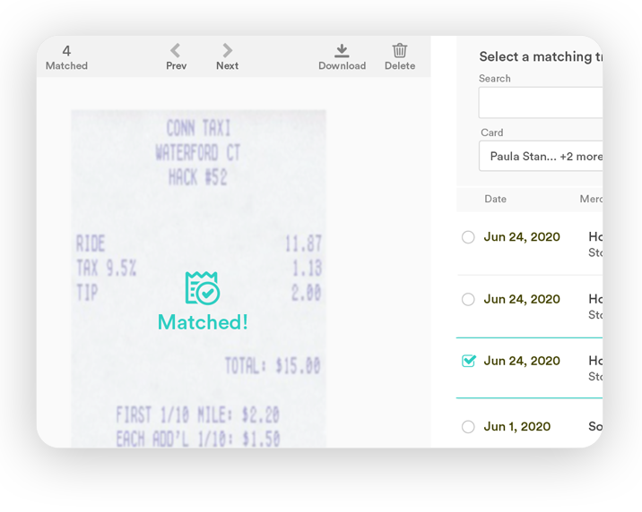 Matched receipts user interface representation on Bento app
