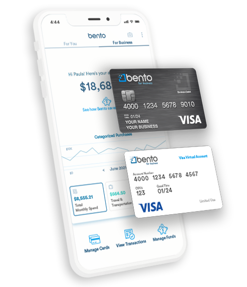 Physical and virtual debit cards representation on the Bento mobile application