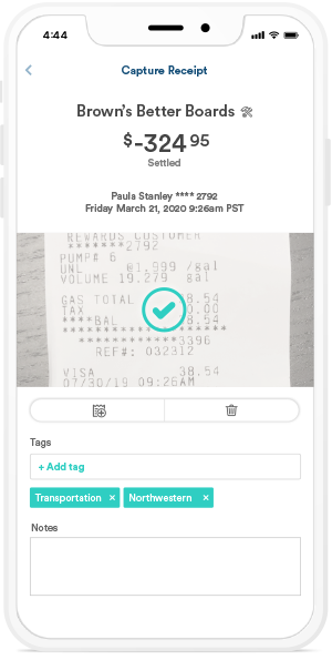 Receipt capture attachment user interface representation on Bento mobile app