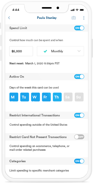 Card control user interface representation on Bento's mobile application