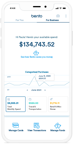 Real time expense dashboard user interface on Bento mobile application