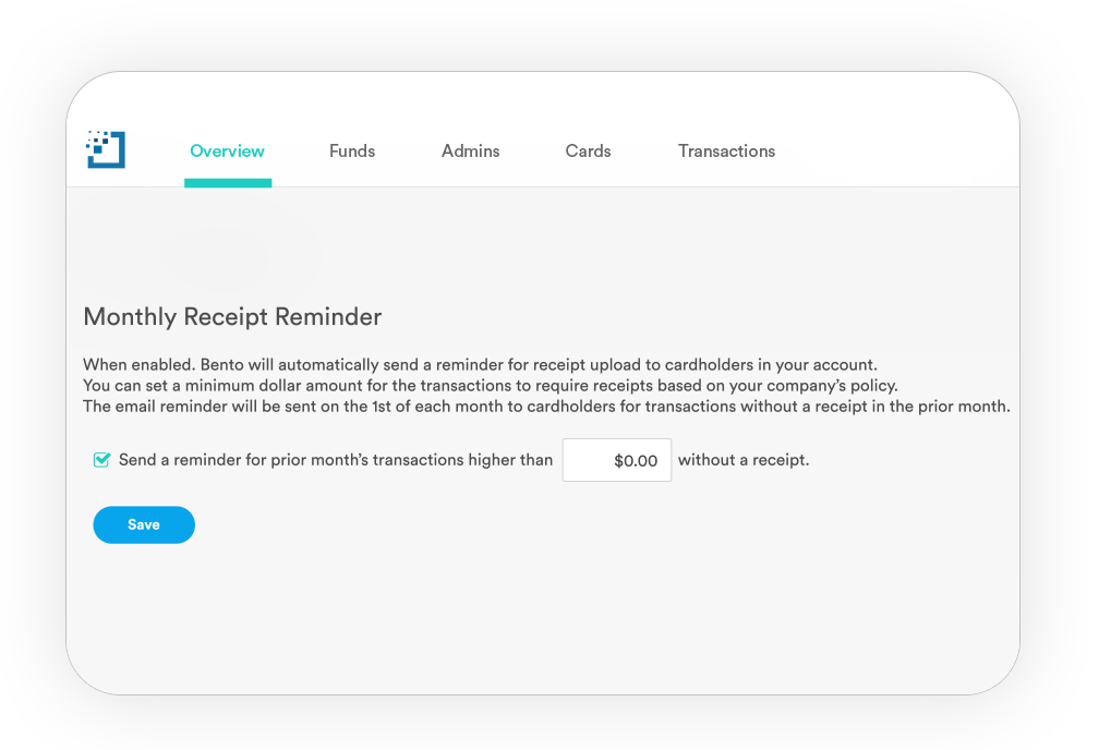 Monthly receipt reminder user interface representation on Bento app