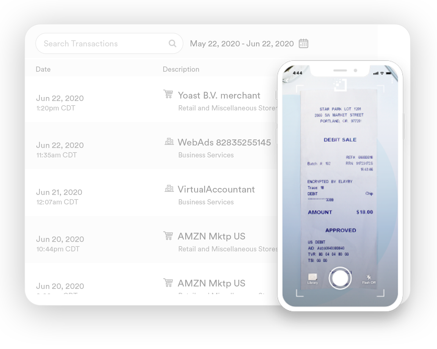 Receipt capture user interface representation on Bento application